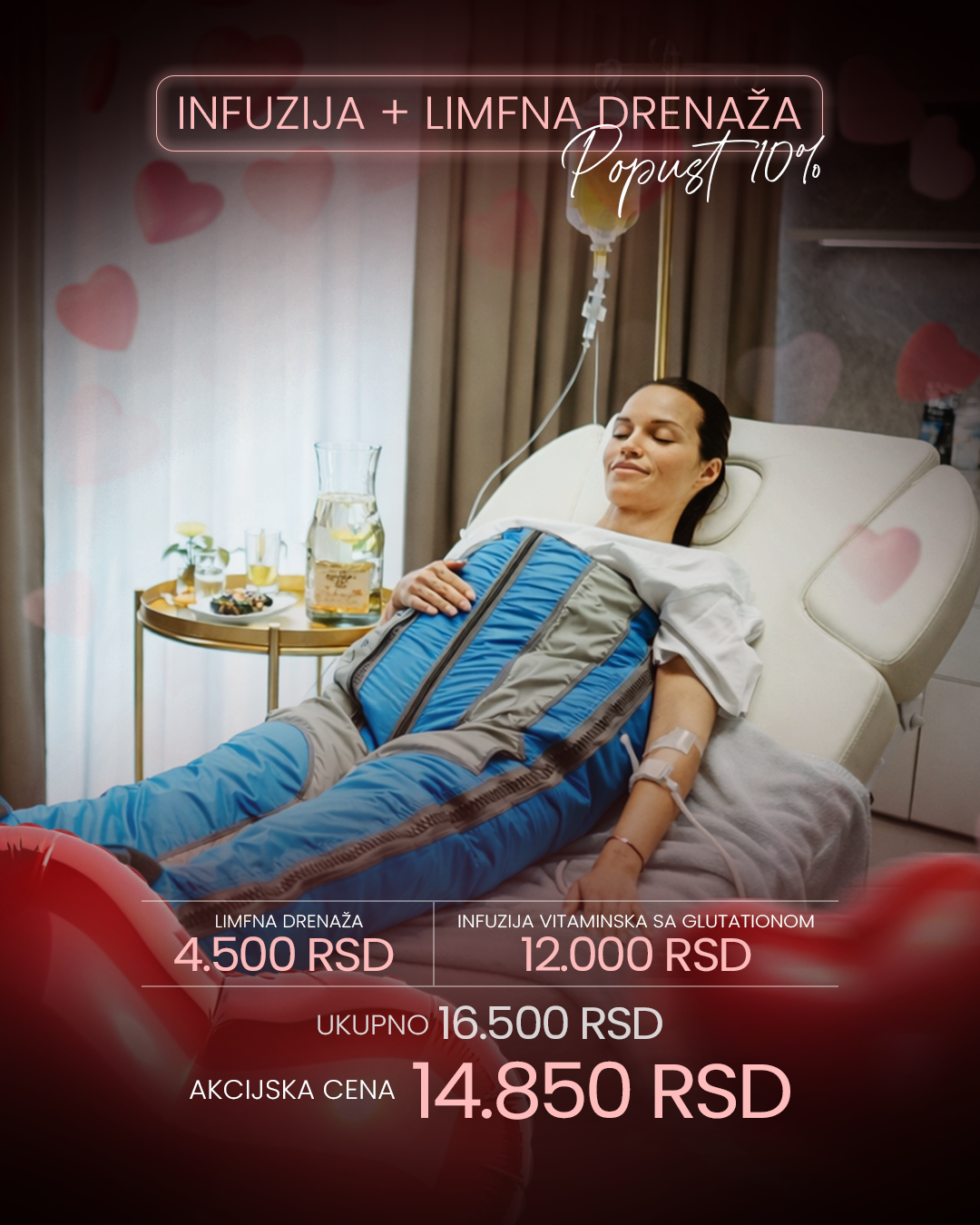 Paket infuzije sa glutationom i limfne drenaže namenjen je osobama koje žele sistemsku podršku organizmu, detoksikaciju i poboljšanje opšteg osećaja vitalnosti.